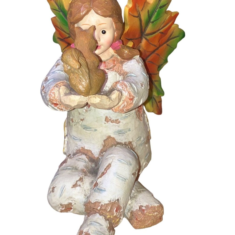 Fall Autumn Birch Tree Girl Angel Holding a Squirrel